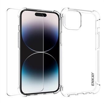 ENKAY HAT PRINCE for iPhone 15 Telefonveske TPU Gjennomsiktig Deksel med Høy Aluminium-silisium Glass Skjermbeskyttelsesfilm