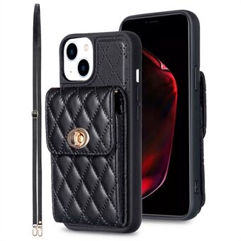 For iPhone 15 PU-lærbelagt TPU-telefondeksel med kortholder. Støtsikker beskyttelsesetui med skulderreim.