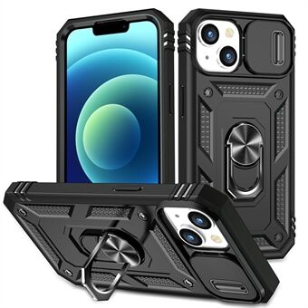 For iPhone 15 Kickstand-mobildeksel av PC+TPU med skyvedeksel for beskyttelse av kameraet og kortspor.