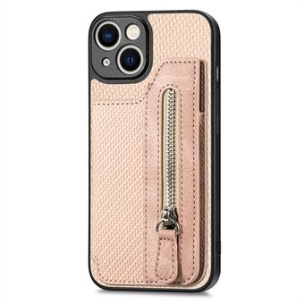 Glidelåslomme karbonfiber telefondeksel for iPhone 15, stativ PU-lærbelagt PC+TPU-deksel.