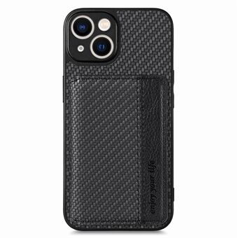 Carbon Fiber tekstur mobildeksel for iPhone 15 Magnetisk lommebok støtteben Anti-fall beskyttelse