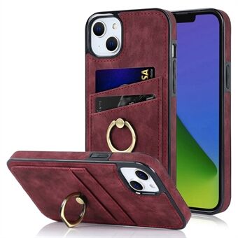 Kortspalte telefondeksel for iPhone 15, retro PU-lærbelagt TPU-etui med ringstativ.