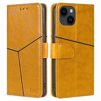 For iPhone 15 PU Lær Lommeboktelefonveske Geometrisk Spalting Sammenleggbar Stativdeksel