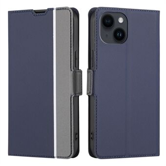 For iPhone 15 stativ mot riper TPU+PU skinnveske med twill tekstur, telefondeksel med kortlomme.