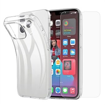 For iPhone 15 Fleksibel TPU-gjennomsiktig telefonveske med 2,5D buet og ripebeskyttet herdet glassfilm til skjermen.