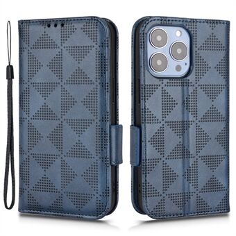 For iPhone 15 PU-skinn telefondeksel Flip-stativ lommebok Imprintet trekantet beskyttende skall