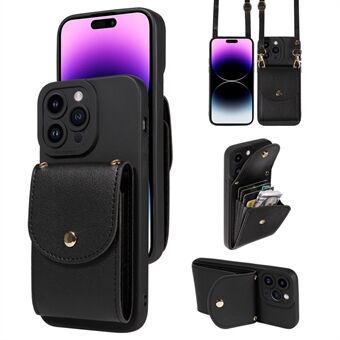 For iPhone 15 Støtsikker etui PU-kortholder Håndstøtte TPU-telefondekning med skulderrem