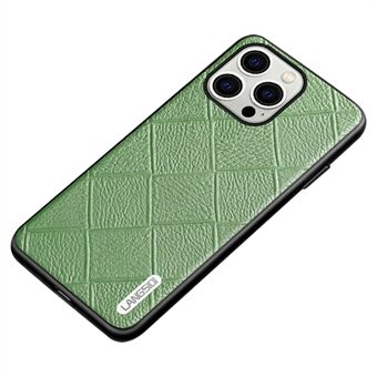 LANGSIDI for iPhone 15 Bump Proof-deksel med rutertrykk i ekte kuskinn + TPU-mobildeksel