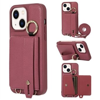 For iPhone 15 Etui Kortholder Anti-fall Lær+TPU Støttefutteral med Skulderrem