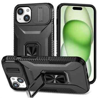 For iPhone 15 Kickstand-etui i PC+TPU med Anti-drop-beskyttelse og kameraskjerm