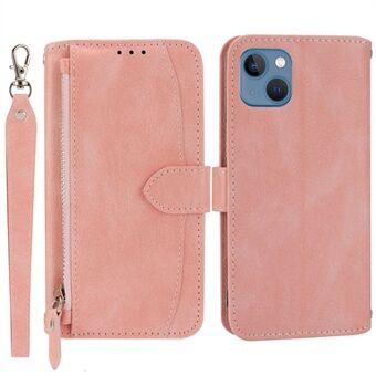 For iPhone 15-etui med glidelåslomme i PU-skinn, stativlomme og lommebokdeksel med lang / kort stropp.