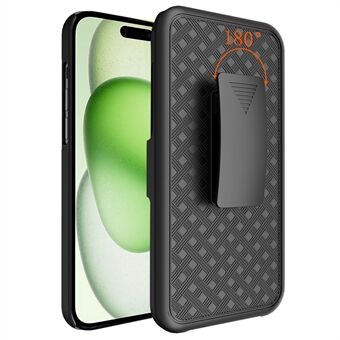 For iPhone 15-etui PC + TPU skjermdeksel med skyvefunksjon, stativ og telefonbeskyttelsesskall med klips.