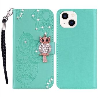 For iPhone 15-deksel med inngravert ugleblomst, Rhinestone-pledd, PU-lærtelefonlommeobslag.