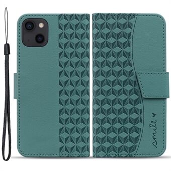 For iPhone 15-etui Rhombus Imprint PU-lær Flip-stand-telefondeksel med lommebok