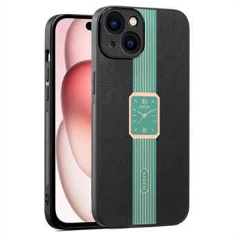 KADEM For iPhone 15 etui i skinn+akryl+TPU Stilig klokkemønster telefondeksel