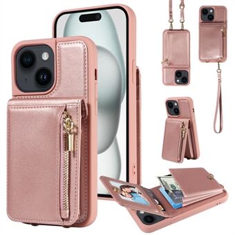 For iPhone 15 Beskyttende Lommebok-Etui RFID-blokkering PU+TPU Stativ-telefondeksel med Stropper