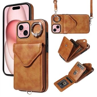 005 for iPhone 15 Crossbody-telefonveske i lærtekstur med kortlomme og stativ