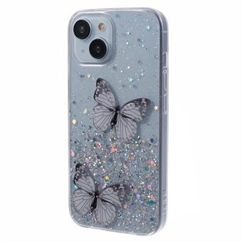 Sommerfugldekor Funkle Epoxy-deksel til iPhone 15-telefonetui AW-serien TPU+PVC-skall