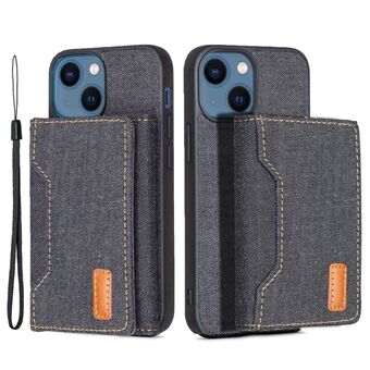 For iPhone 15 2-i-1 avtagbart jeans-stofftelefondeksel og lommebok med kortlomme