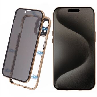 For iPhone 15 Magnetisk Adsorpsjon Etui Metall Bumper Herdet Glass Personvern Deksel