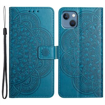 For iPhone 15-etui med fallmotstand i PU-skinn + TPU-telefondeksel med håndleddsstropp.