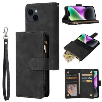 For iPhone 15 Etui med flere kortspor, slagfast PU-lærtelefondeksel med glidelås-lomme