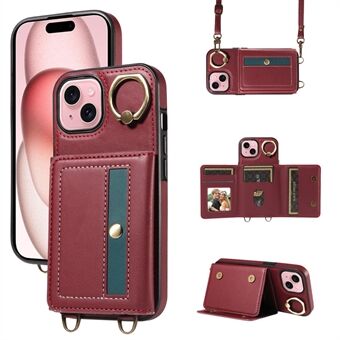 007 for iPhone 15-etui med kortholder i PU-skinn+TPU-telefondeksel