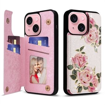 For iPhone 15 Kortplass Case Støtteben Anti-Fall Blomstertrykt Telefondeksel