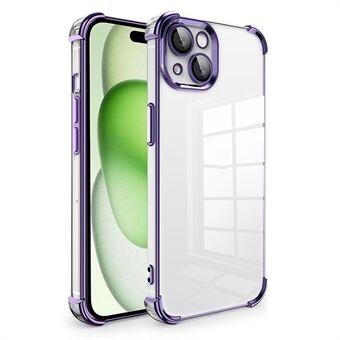 For iPhone 15 deksel Elektroplate TPU gjennomsiktig bakre telefondeksel med PVC-linsefilm