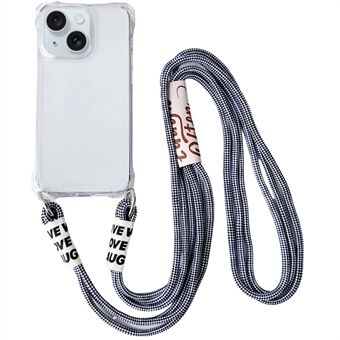 For iPhone 15-deksel Fall-sikker myk TPU-telefonveske med tykk lanyard.