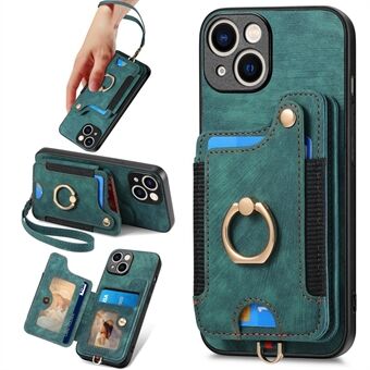 D4 for iPhone 15-etui med kortspor, RFID-blokkering, skinn+TPU telefonbakdeksel.