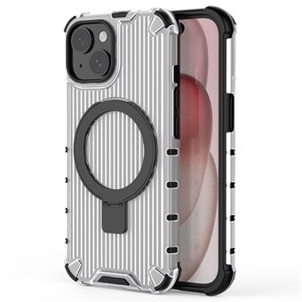 For iPhone 15 Magnetisk telefonveske Stripe Design PC + TPU-skall med ringestativ.