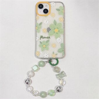 For iPhone 15 TPU-etui Grønt blomstermønster Glitter-telefondeksel med kjede-stropp