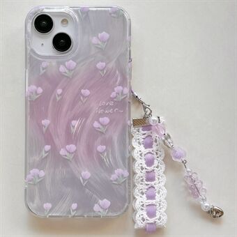 For iPhone 15-etui med håndreim, mønstertilgang, lasersnitteffekt, myk TPU-telefonveske