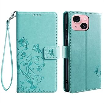 For iPhone 15 Etui Sommerfuglblomst Trykket Skinn Telefonveske Mobiltilbehør Engros