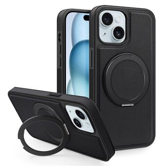 For iPhone 15 Magnetisk Deksel Rotere Ring Støtteben PU-lær+PC+TPU Bakdeksel