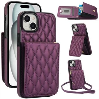 For iPhone 15 Plus-deksel Rhombus Leather+TPU Phone Card Bag med skulderrem.