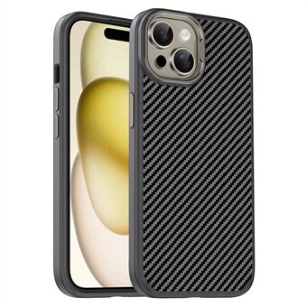 IPAKY for iPhone 15 Plus TPU-deksel Karbonfiber-tekstur Telefonomslag Metallobjektivramme