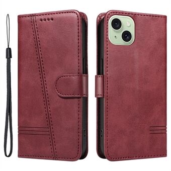 For iPhone 15 Plus Etui med linjetrykket lommebok i skinn til telefonen.