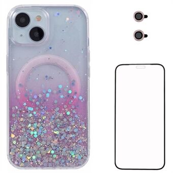 WANLONFENG JWT-serien for iPhone 15 Plus Glitter Sequin TPU+Acrylic Magnetisk Mobildeksel med Skjermfilm + Linsefilm