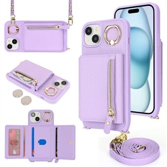 For iPhone 15 Plus / 14 Plus Etui Kortveske PU-skinn+TPU Telefondeksel med Ringstativ