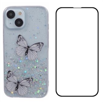 WANLONFENG AW-serien for iPhone 15 Plus-deksel Sommerfugl Glitter Bling TPU-telefondeksel med HD-film