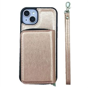 For iPhone 15 Plus Etui Avtakbar Glidelåslomme til Kort PU+TPU Stativtelefondeksel med Stropp