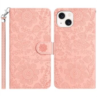 For iPhone 15 Plus / 14 Plus Etui med Blomsterpreg i Lær Flip Lommebok Mobildeksel med Håndleddsstropp