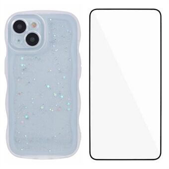 WANLONFENG JWT-serien for iPhone 15 Plus TPU-deksel Epoksy telefondeksel med bølgekant og herdet glass