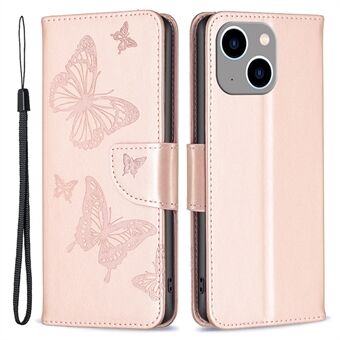 For iPhone 15 Plus Anti-Støv Stativ Lommebok Telefon Flip Etui sommerfugl Inngravert Skinn Deksel med Stropp