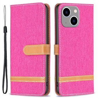 For iPhone 15 Plus PU lær + TPU-telefondeksel med jeansklutfletting, lommebokstativ og ripebestandig beskyttelse.