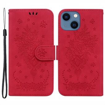 Stand Wallet Phone Case for iPhone 15 Plus, Rose Butterfly Preget Telefonlærdeksel