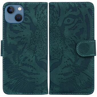 For iPhone 15 Plus PU-lær Imprint Tiger Phone-deksel Lommebokstativ Anti-drop-overtrekk