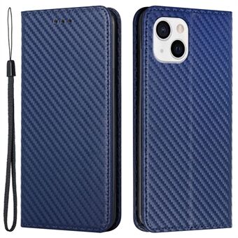 Støtte Telefon Deksel for iPhone 15 Plus Karbonfiber Teksturert PU Skinn+TPU Lommebok Etui